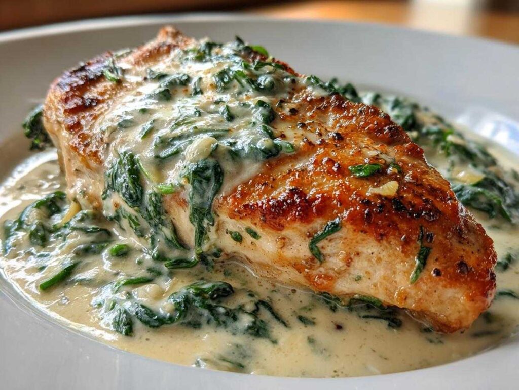 Close-up of a pan-seared chicken breast smothered in creamy spinach sauce, classic chicken florentine.