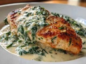 Close-up of a pan-seared chicken breast smothered in creamy spinach sauce, classic chicken florentine.