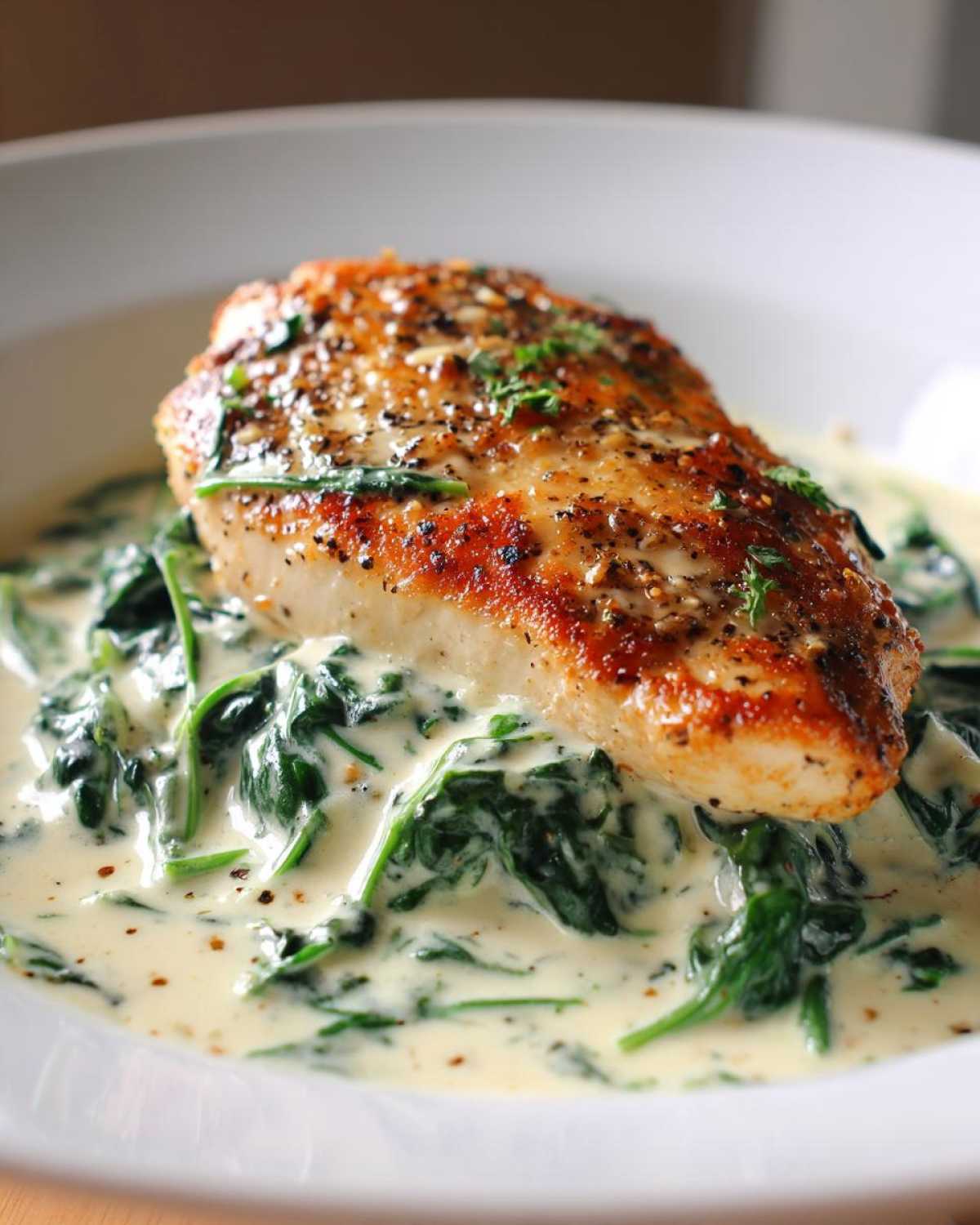 Close-up of a seared chicken breast served over creamy spinach in a white bowl, featuring chicken florentine.