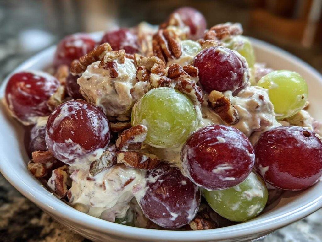 A close-up of creamy chicken salad chick grape salad featuring red and green grapes and chopped pecans in a white bowl.