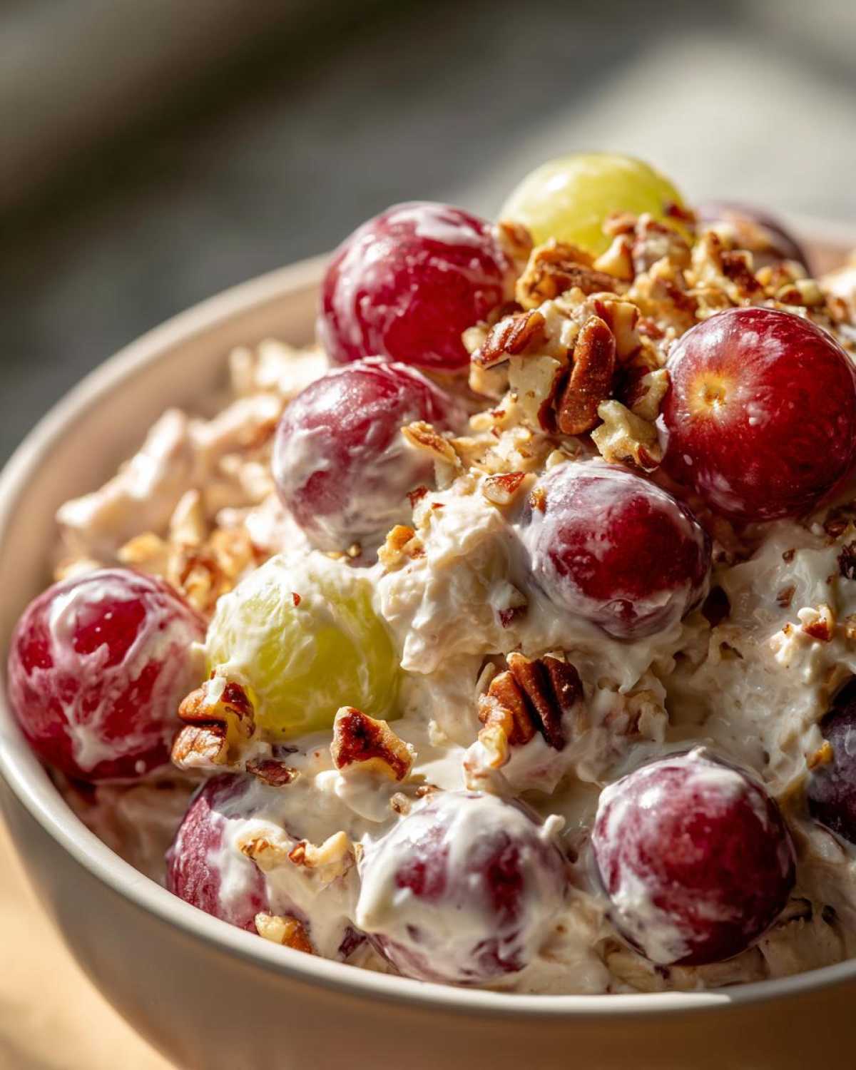 Close-up of creamy Chicken Salad Chick Grape Salad topped with red and green grapes and chopped pecans.