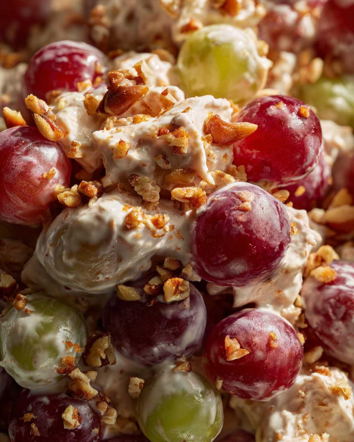 A close-up texture shot of creamy Chicken Salad Chick Grape Salad mixed with red and green grapes and topped with chopped pecans.
