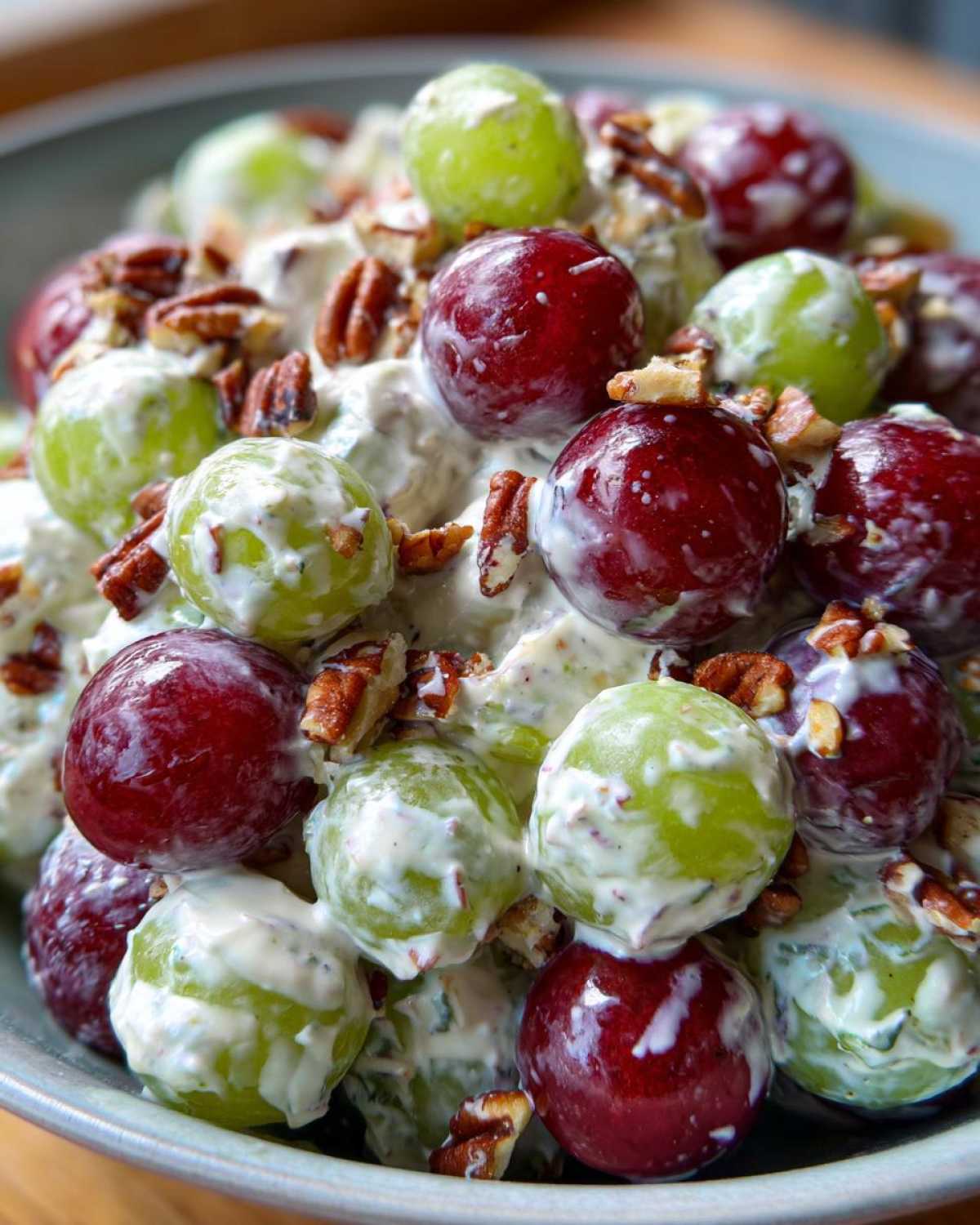 Close-up of creamy Chicken Salad Chick Grape Salad featuring red and green grapes coated in dressing and topped with chopped pecans.
