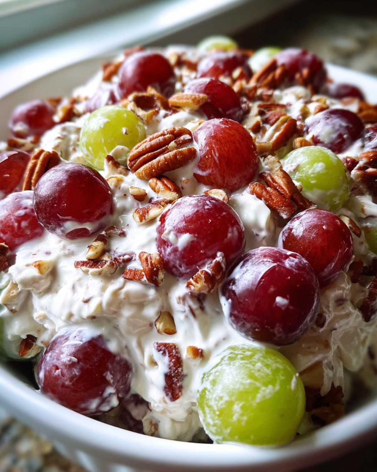 A creamy, sweet salad featuring red and green grapes coated in a white dressing, topped with chopped pecans, resembling Chicken Salad Chick grape salad.