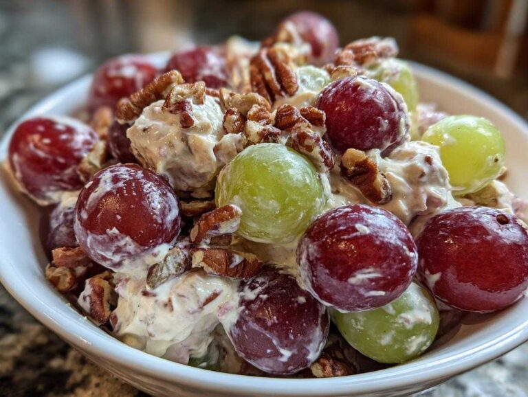 A close-up of creamy chicken salad chick grape salad featuring red and green grapes and chopped pecans in a white bowl.