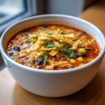 Close-up of a white bowl filled with rich chicken tortilla soup, topped with crispy tortilla strips, corn, black beans, and cilantro.