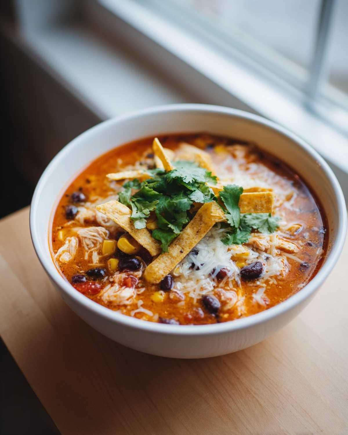 A close-up of a white bowl filled with rich, orange chicken tortilla soup, topped with shredded cheese, black beans, corn, tortilla strips, and cilantro.