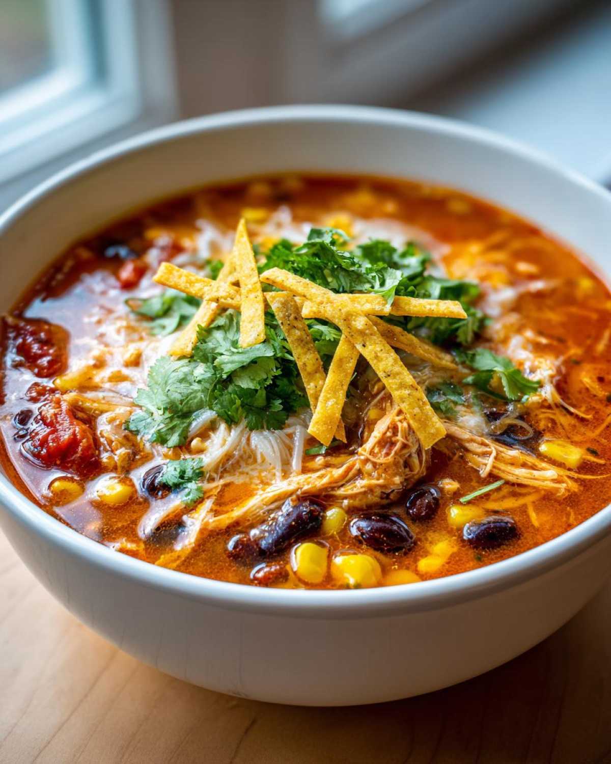Close-up of a hearty bowl of chicken tortilla soup topped with shredded chicken, beans, corn, cheese, cilantro, and tortilla strips.