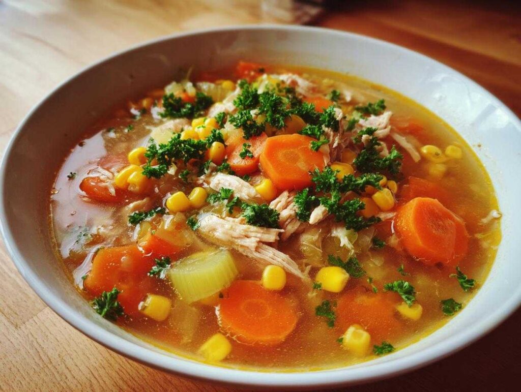 Close-up of a bowl of rich chicken vegetable soup filled with shredded chicken, carrots, corn, and parsley.