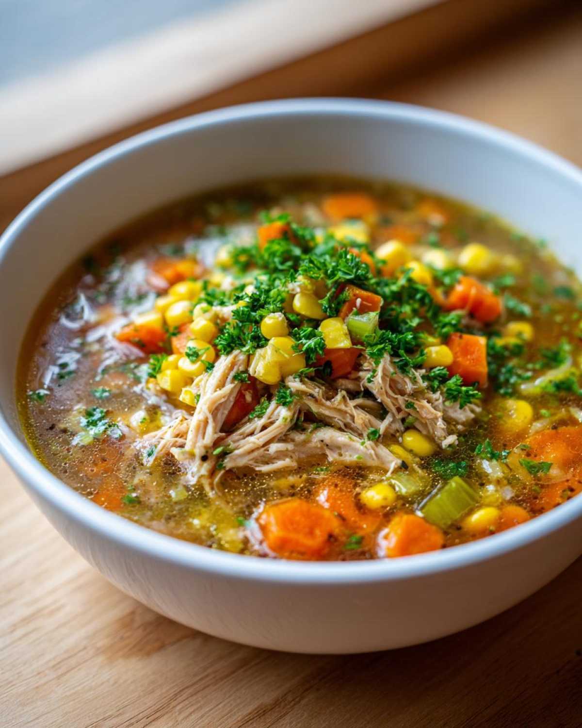 A close-up of a white bowl filled with rich chicken vegetable soup, featuring shredded chicken, carrots, corn, and fresh parsley.