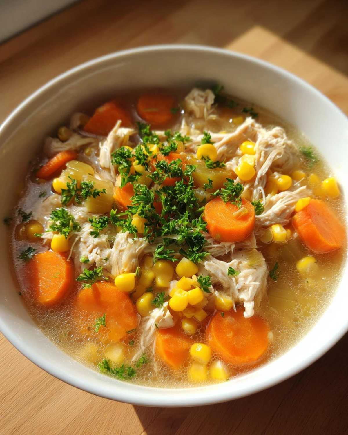 A close-up of a bowl of chicken vegetable soup, featuring shredded chicken, bright orange carrots, corn, and fresh parsley.