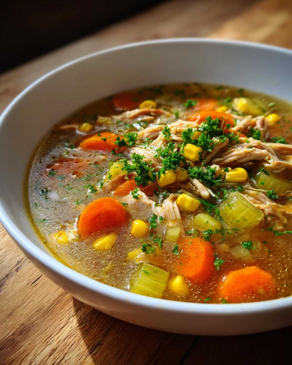 Close-up of rich chicken vegetable soup with shredded chicken, carrots, corn, celery, and parsley garnish.