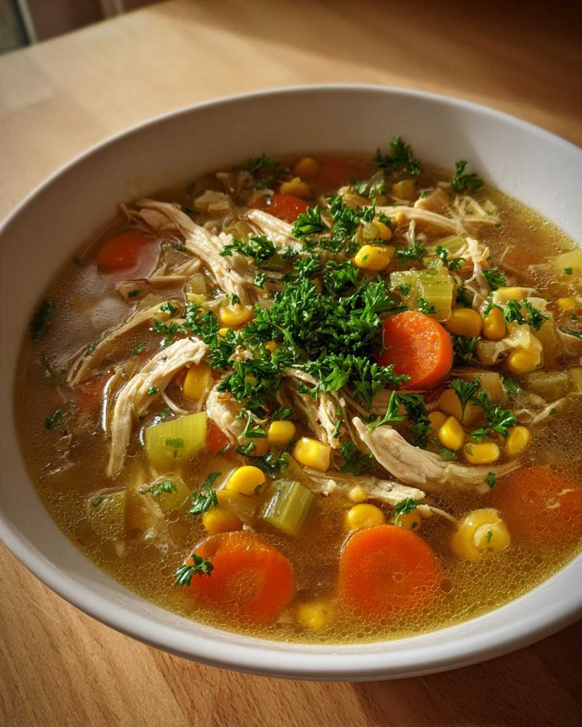 Close-up of a bowl of chicken vegetable soup with shredded chicken, carrots, corn, celery, and fresh parsley.