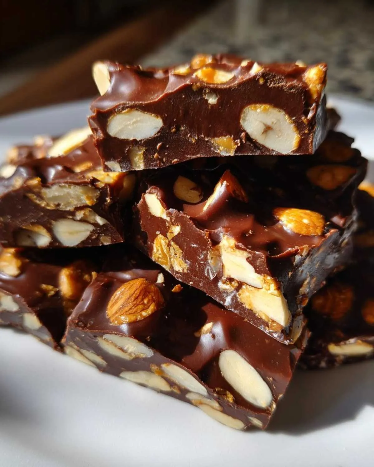 Close-up of stacked chocolate almond bark pieces, rich with whole and sliced almonds, perfect for a toffee recipe.