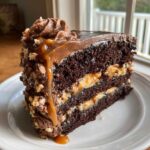 A tall slice of chocolate caramel toffee crunch cake with three layers of dark cake and caramel filling.