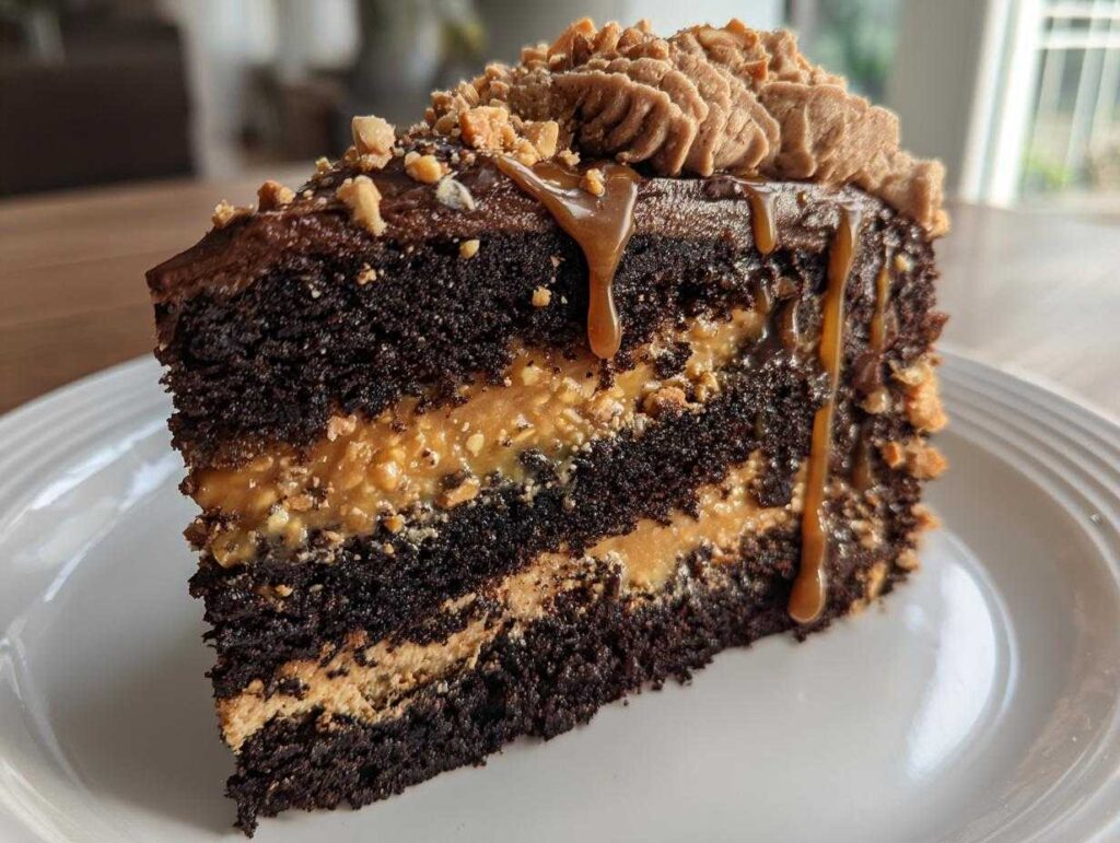 A decadent slice of chocolate caramel toffee crunch cake showing dark layers and caramel filling.