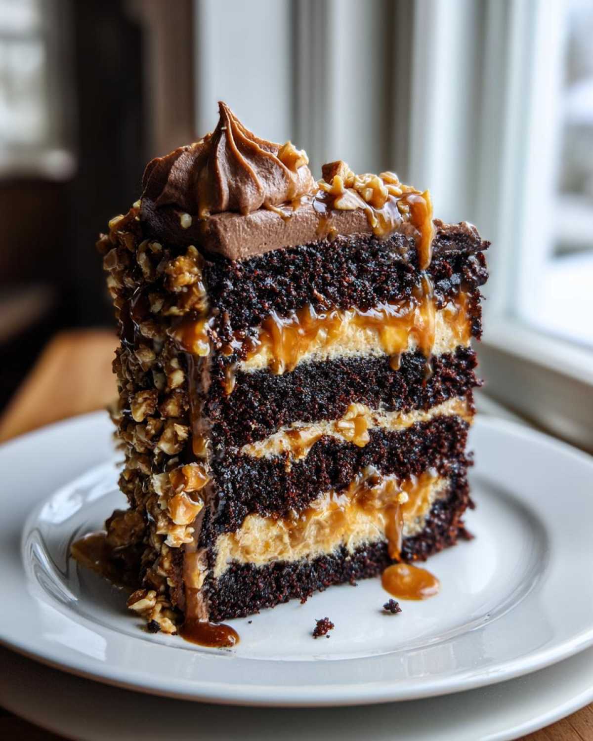 A tall slice of chocolate caramel toffee crunch cake with four dark layers, caramel filling, and nut coating.