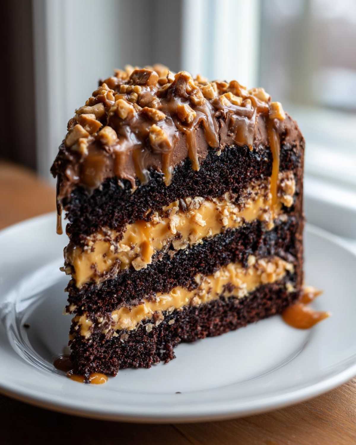 A decadent slice of chocolate caramel toffee crunch cake showing dark layers and caramel filling.