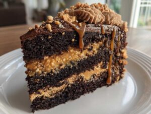 A decadent slice of chocolate caramel toffee crunch cake showing dark layers and caramel filling.