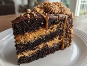A decadent slice of chocolate caramel toffee crunch cake showing dark layers and caramel filling.