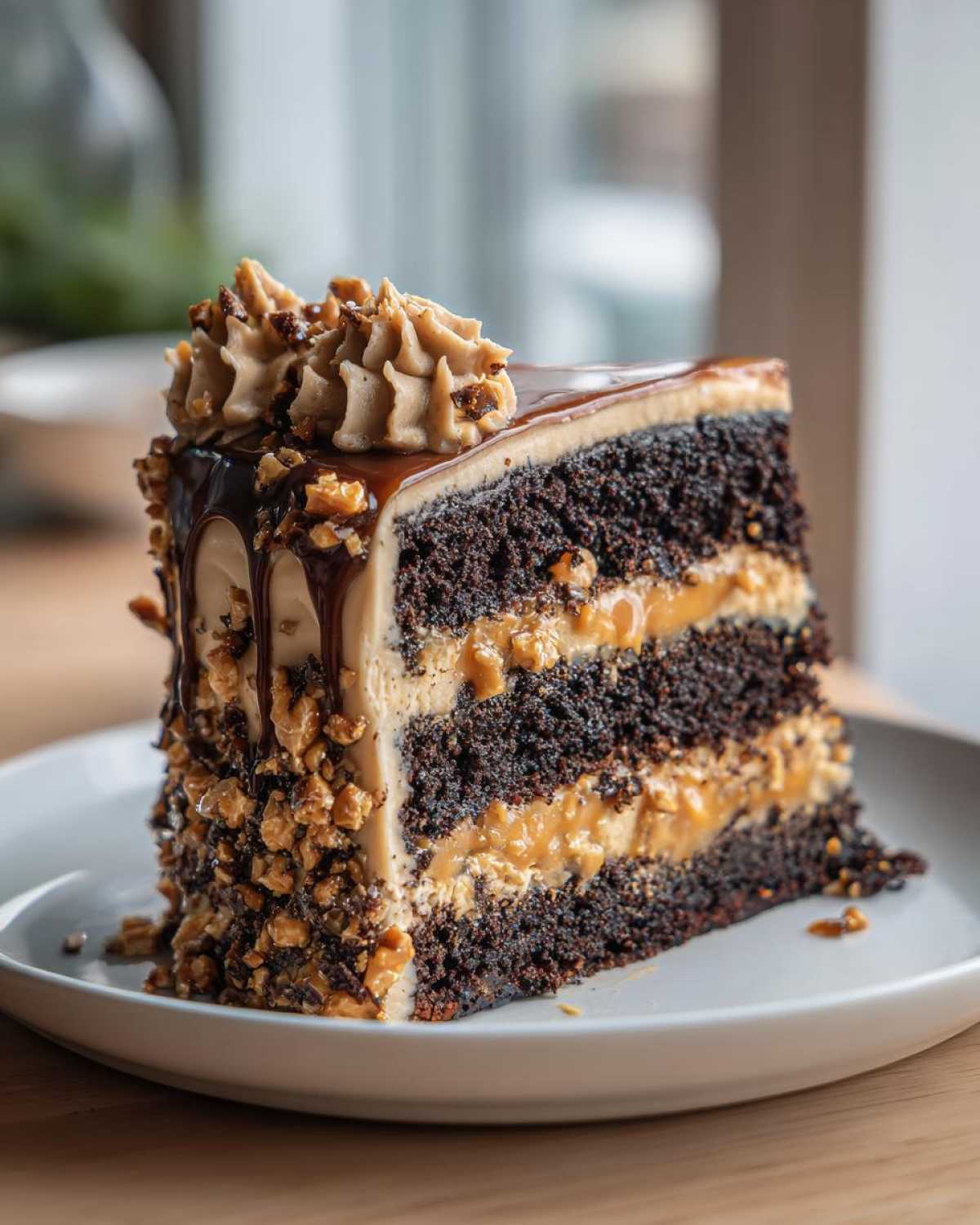 A decadent slice of chocolate caramel toffee crunch cake showing layers of dark chocolate cake and caramel filling.