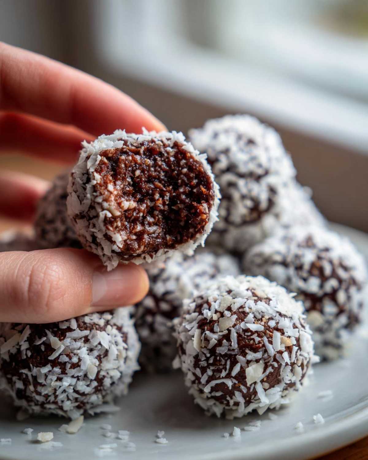 A hand holds one of the rich, dark chocolate coconut balls, revealing the dense interior texture.