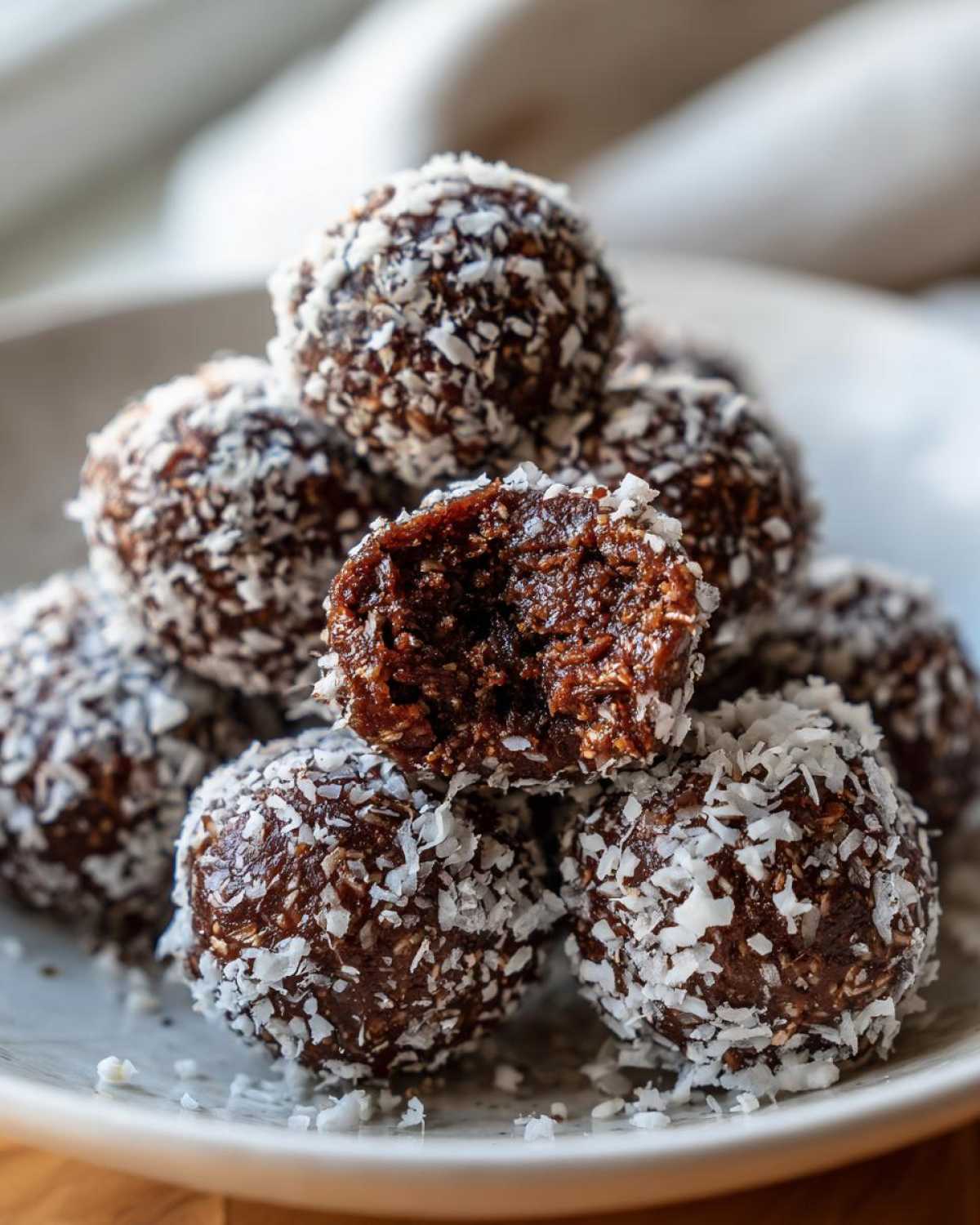 A stack of rich, dark chocolate coconut balls generously coated in shredded white coconut flakes.