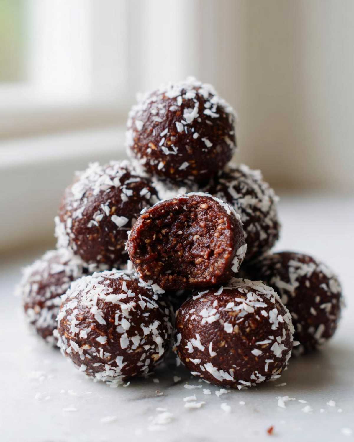 A stack of rich, dark chocolate coconut balls rolled in shredded coconut, with one coconut balls bitten open showing the texture.