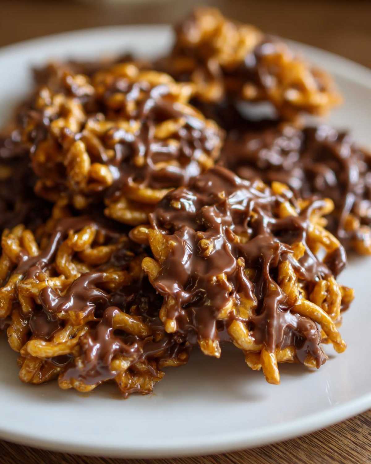 A pile of golden brown haystack cookies drizzled generously with melted milk chocolate on a white plate.