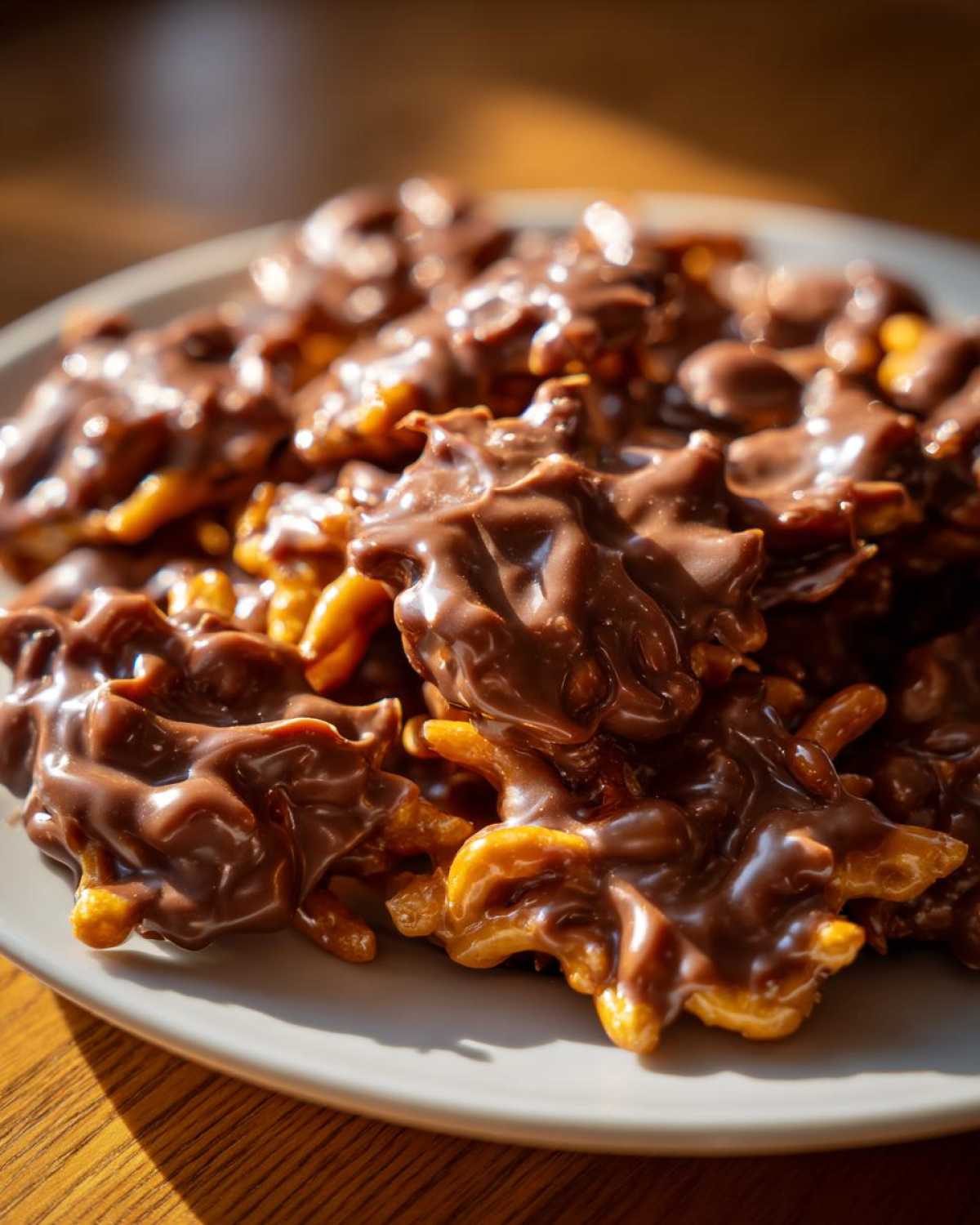A close-up, sunlit shot of several rich chocolate haystack cookies piled high on a light gray plate.