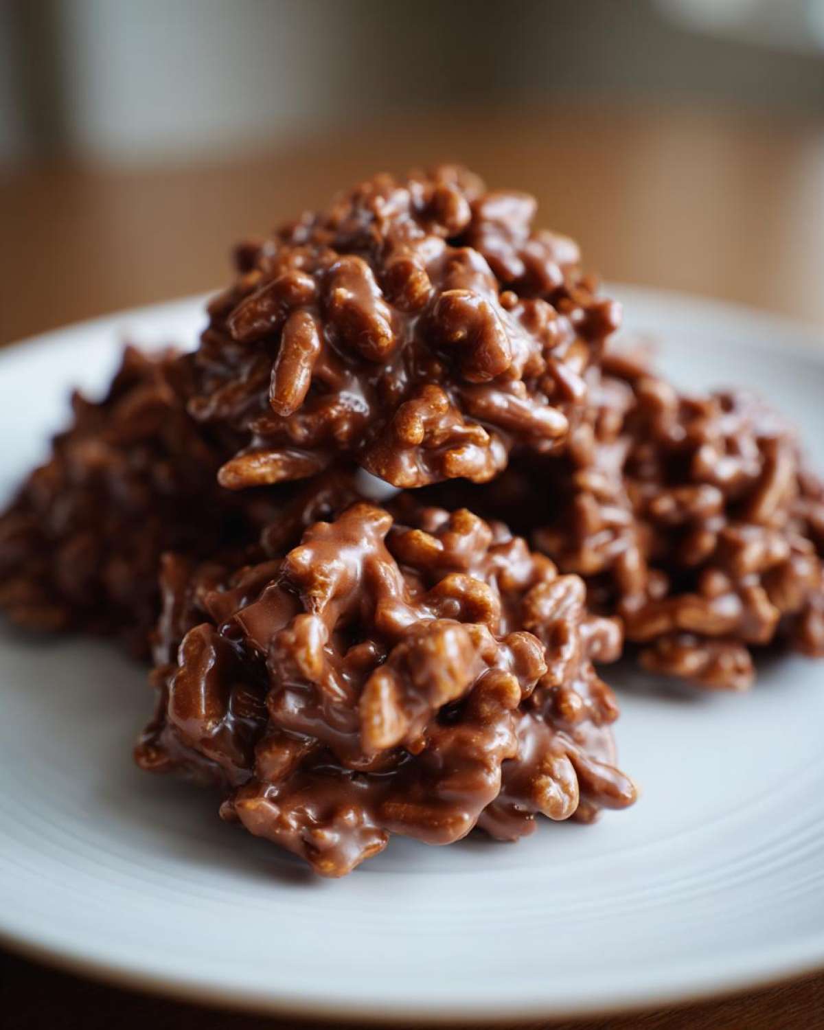 A close-up of several rich, chocolate-covered haystack cookies piled on a white plate.