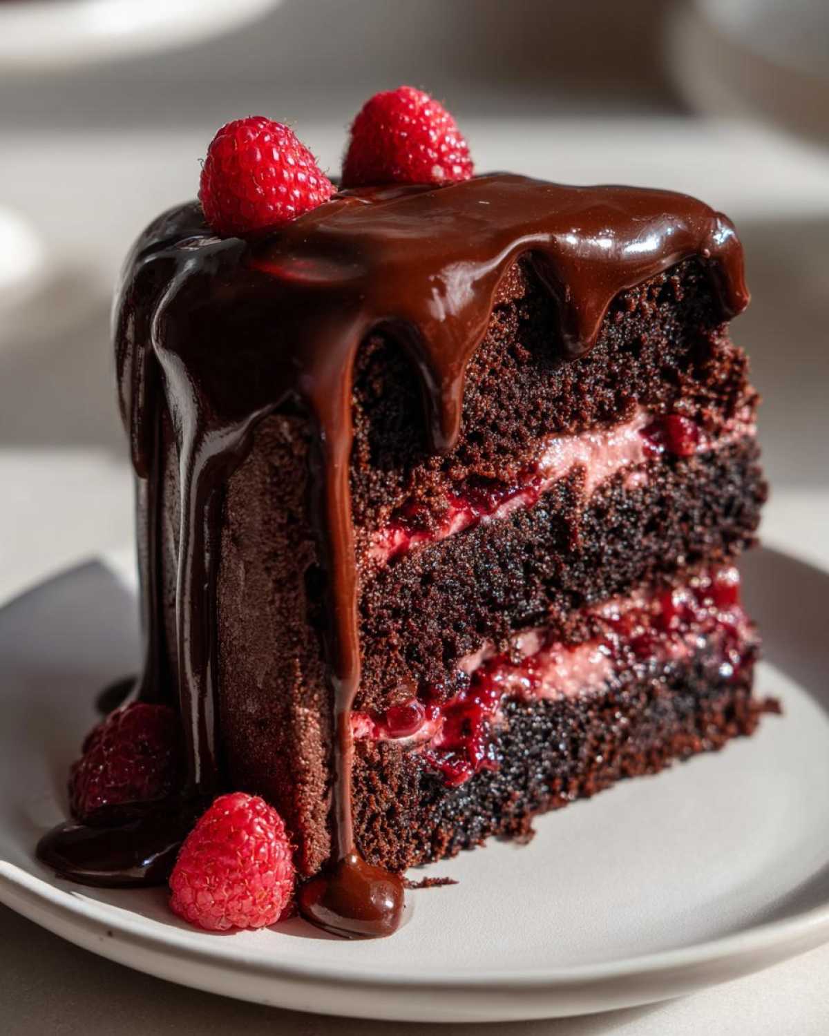 A decadent slice of chocolate raspberry cake featuring dark layers, raspberry filling, and a thick chocolate ganache drip.