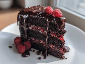 A decadent slice of chocolate raspberry cake featuring dark layers, raspberry filling, and dripping chocolate ganache, topped with fresh raspberries.