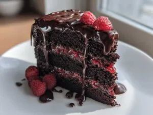 A decadent slice of chocolate raspberry cake featuring dark layers, raspberry filling, and dripping chocolate ganache, topped with fresh raspberries.