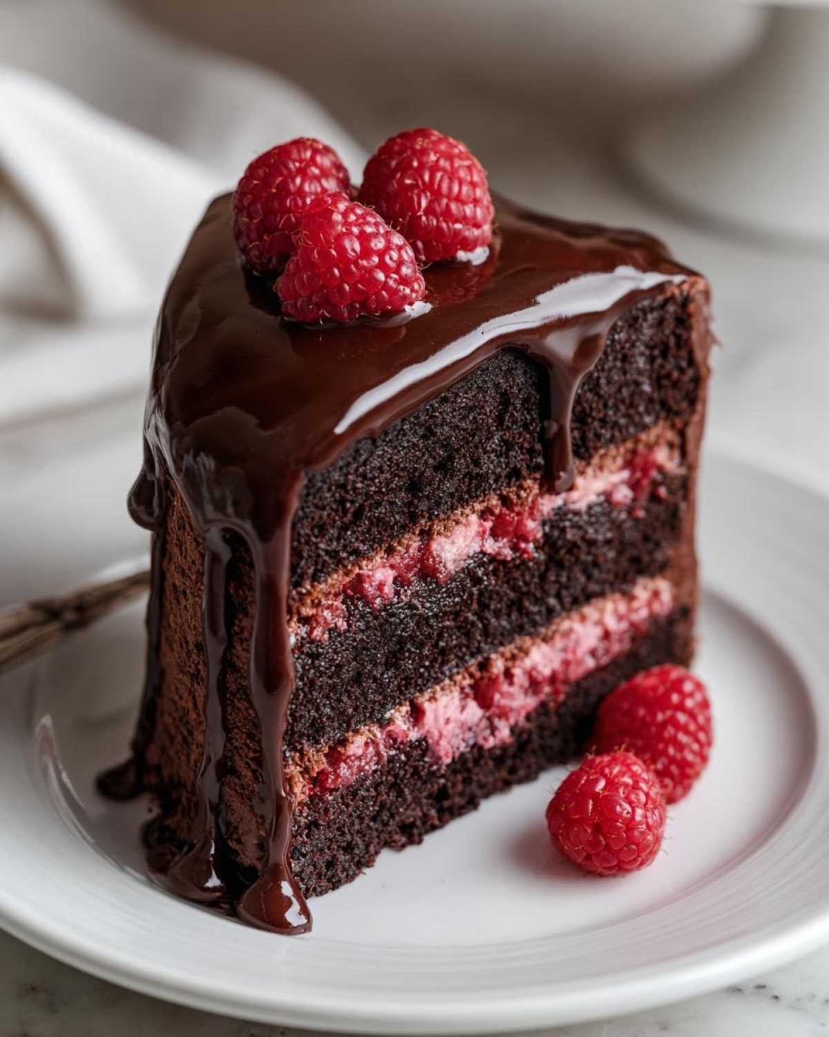 A decadent slice of chocolate raspberry cake layered with pink filling, topped with chocolate ganache and fresh raspberries.