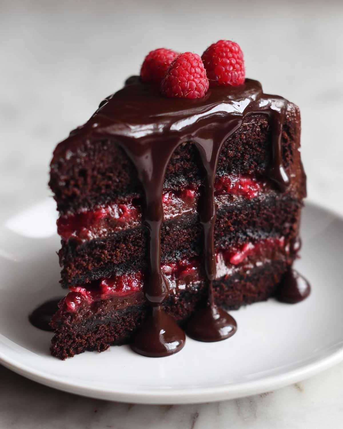 A decadent slice of chocolate raspberry cake layered with filling, topped with chocolate ganache drip and fresh raspberries.