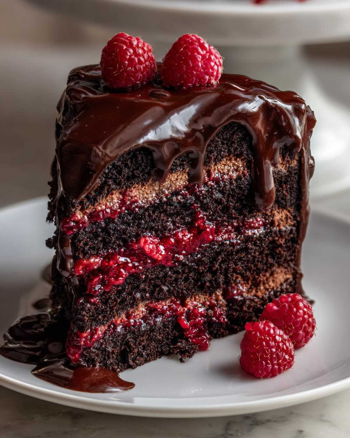 A decadent slice of chocolate raspberry cake featuring dark layers, raspberry filling, and rich chocolate ganache drip.