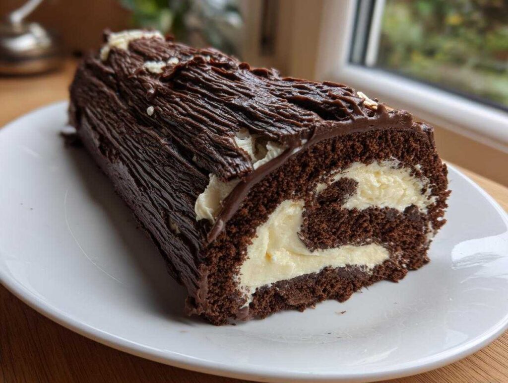 Cross-section of a rich chocolate yule log cake showing a swirl of white cream filling.