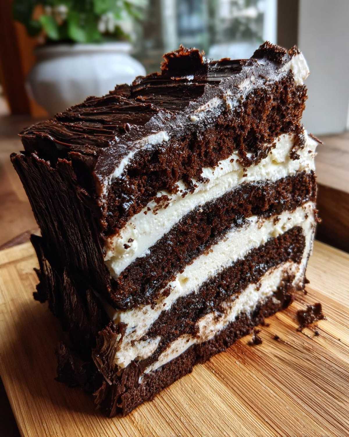 A tall slice of layered chocolate yule log cake showing dark cake layers and thick white cream filling.