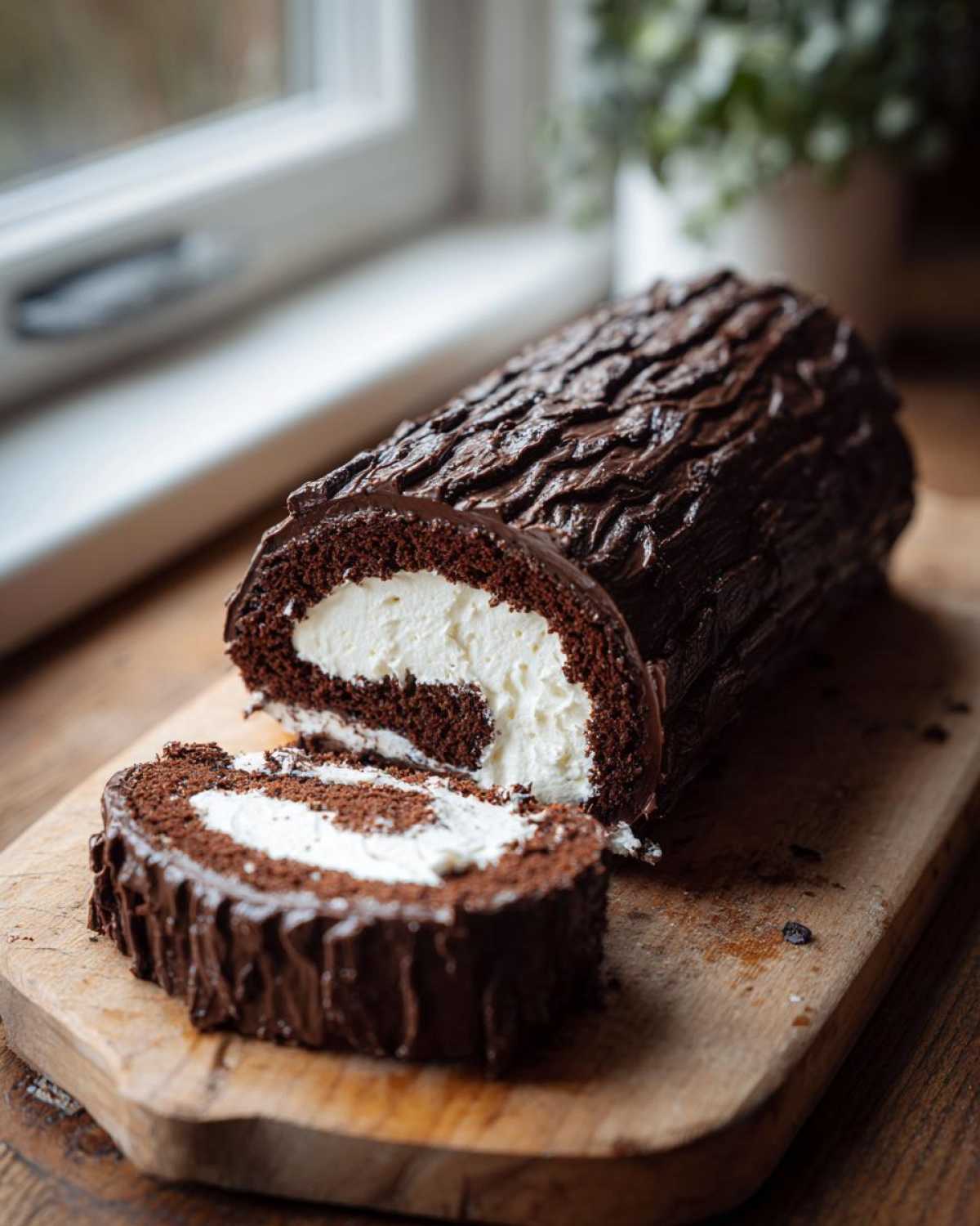 A rich chocolate yule log cake, partially sliced, revealing a white cream filling. A slice sits in front.