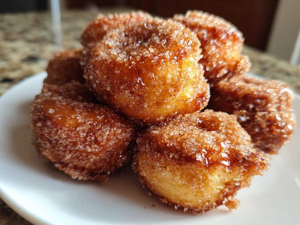 A close-up of several golden brown, freshly fried mini donuts coated heavily in cinnamon sugar.
