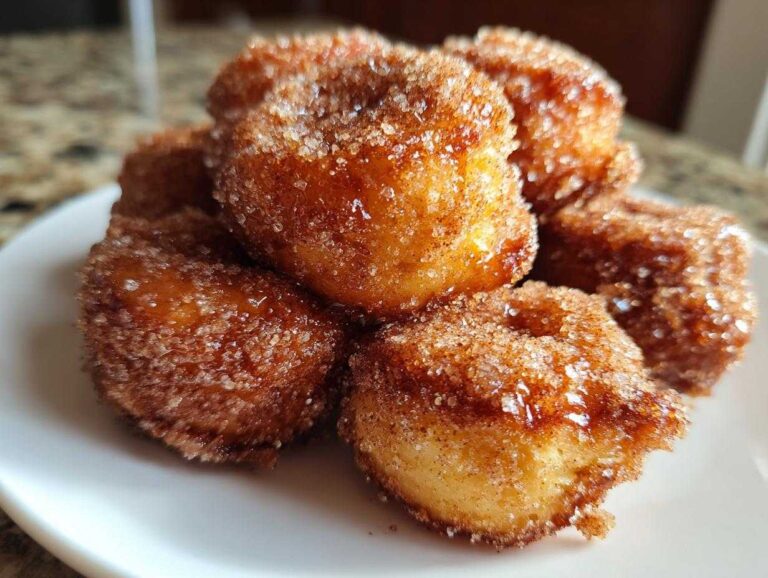 A close-up of several golden brown, freshly fried mini donuts coated heavily in cinnamon sugar.