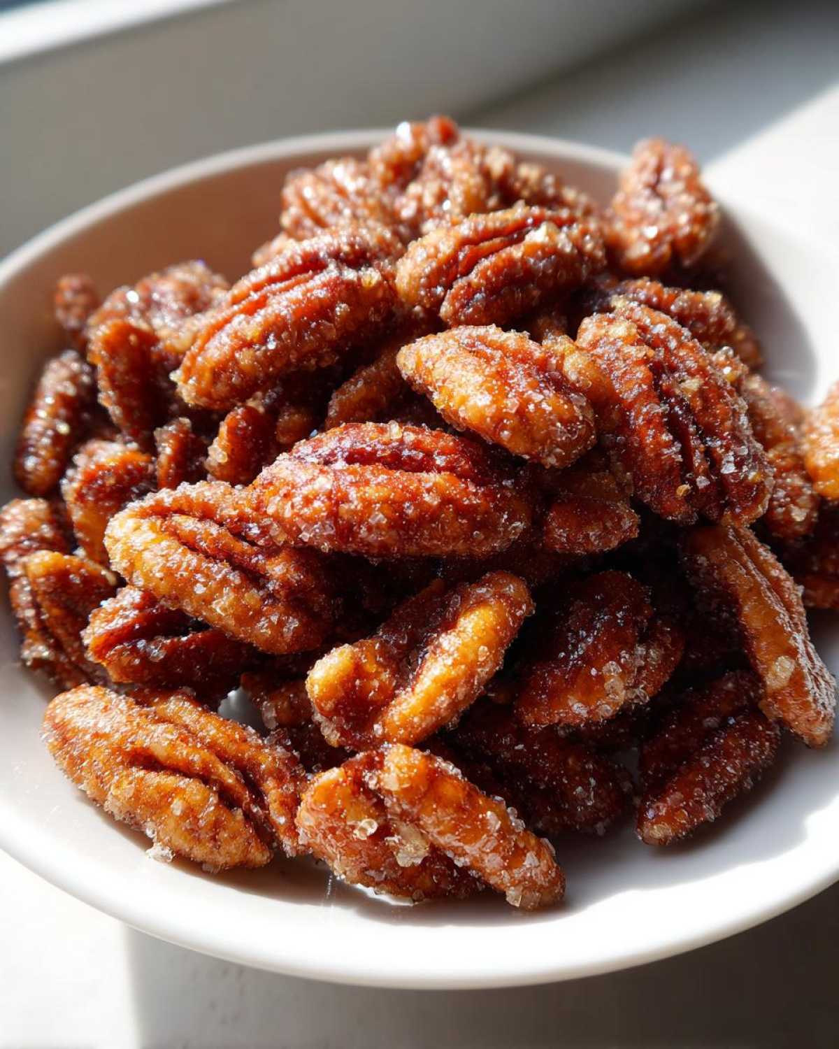 A white bowl filled with glossy, caramelized cinnamon sugar pecans glistening in the sunlight.