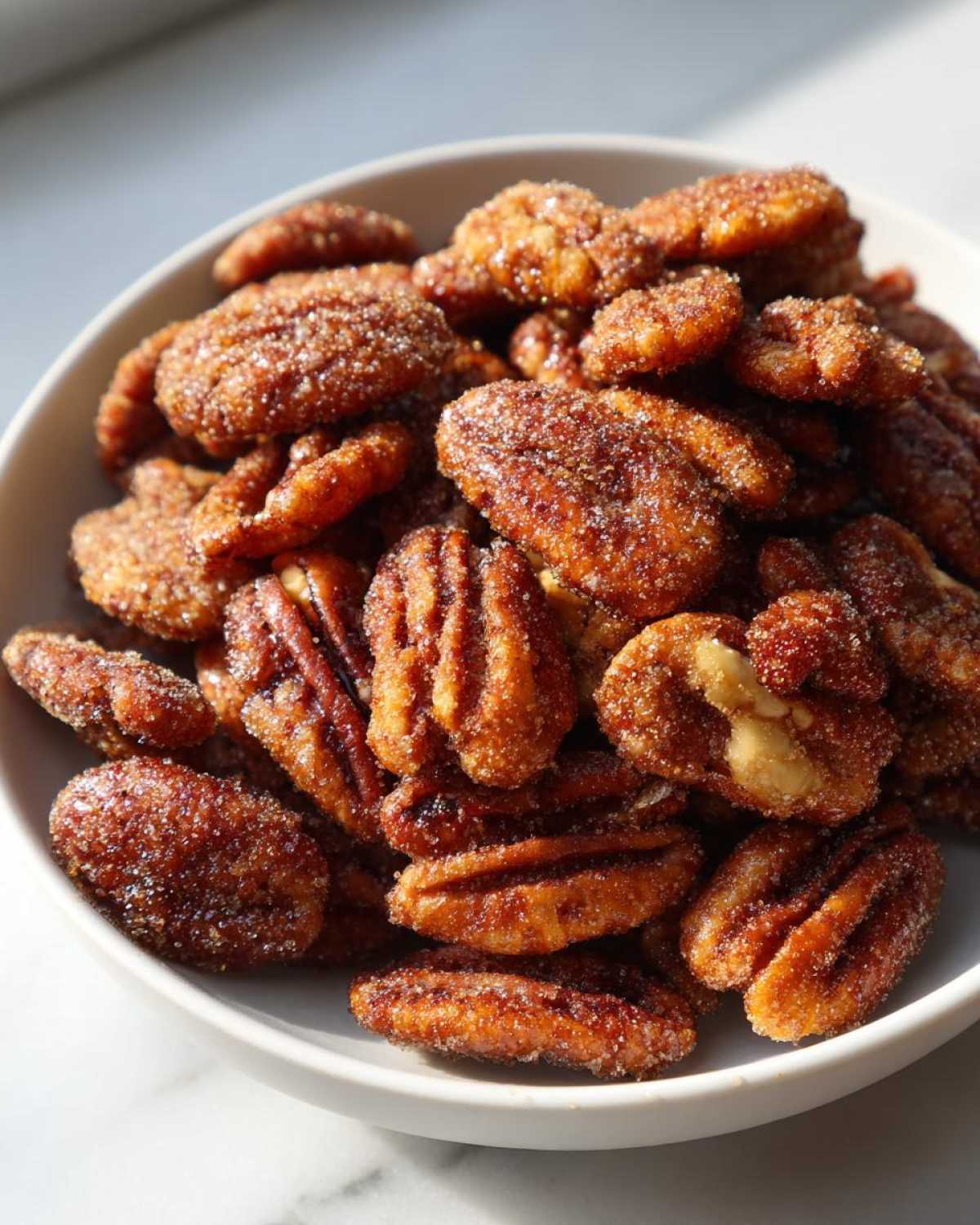 A close-up of candied cinnamon sugar pecans piled high in a white bowl, glistening with sugar crystals.