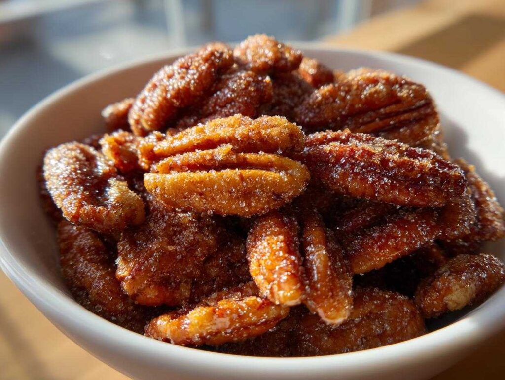 A close-up shot of glistening, candied cinnamon sugar pecans piled high in a small white bowl.