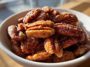 A close-up shot of glistening, candied cinnamon sugar pecans piled high in a small white bowl.