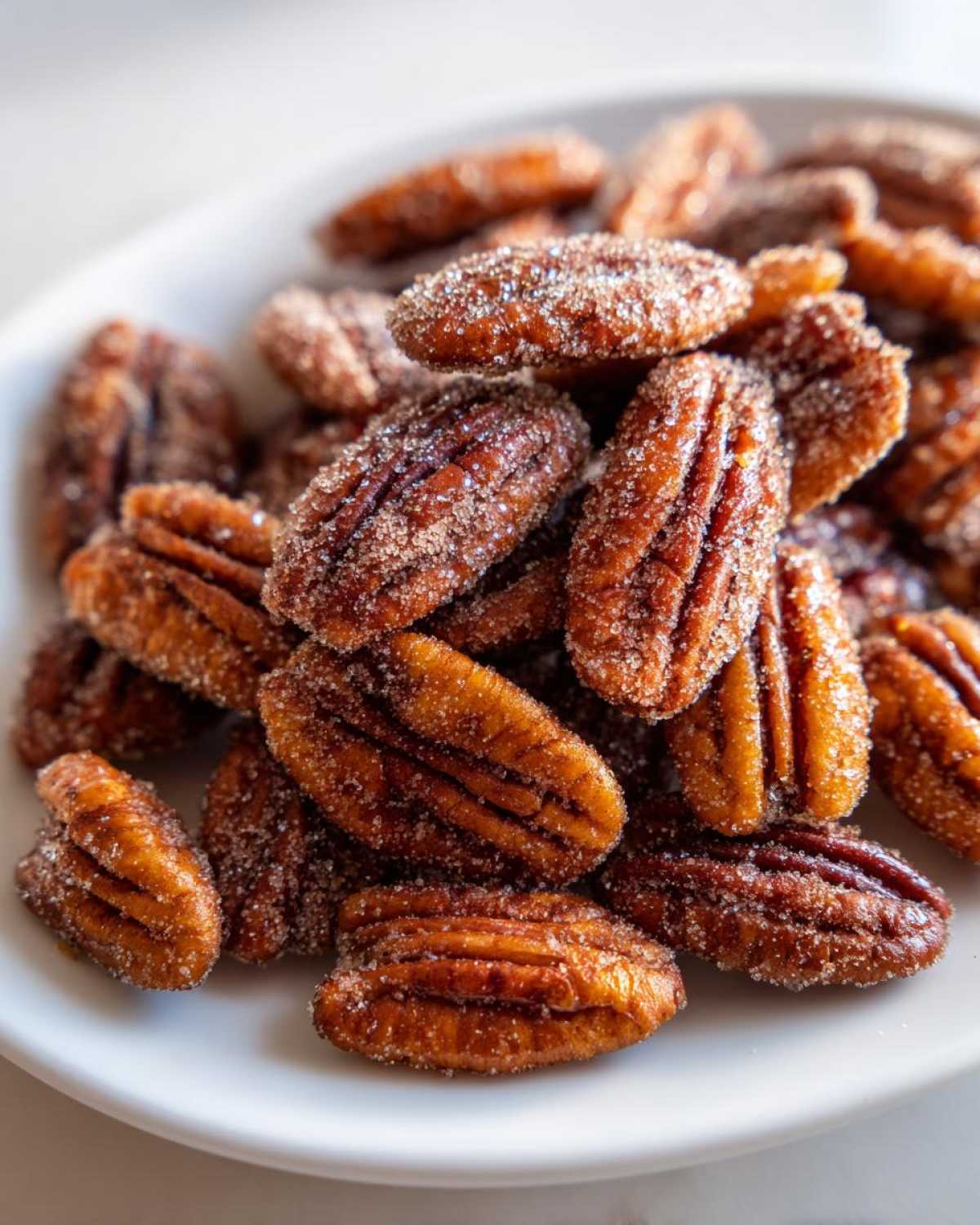 A close-up shot of freshly made cinnamon sugar pecans piled high on a white plate.