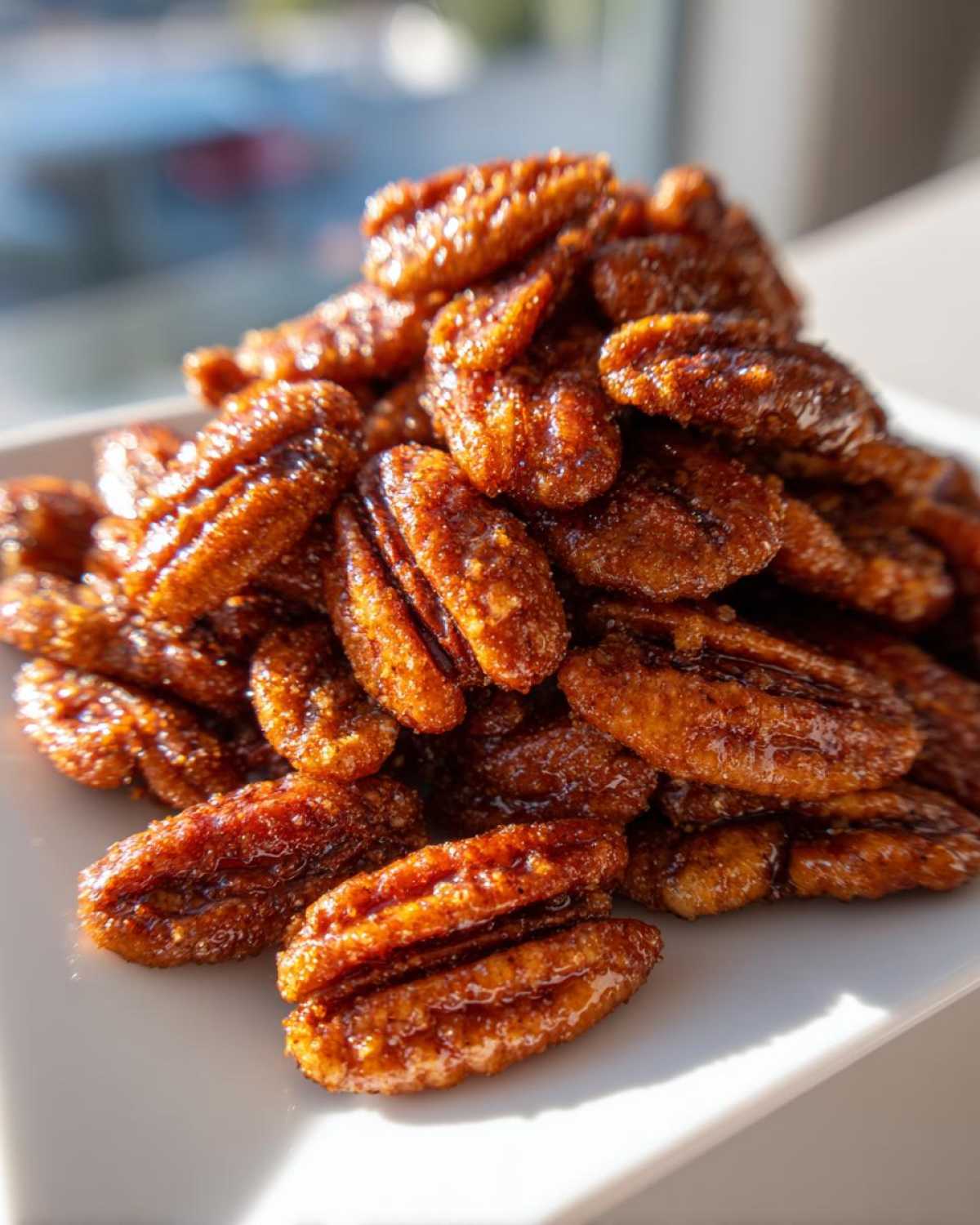 Close-up of a mound of glossy, caramelized cinnamon sugar pecans piled on a bright white serving dish.