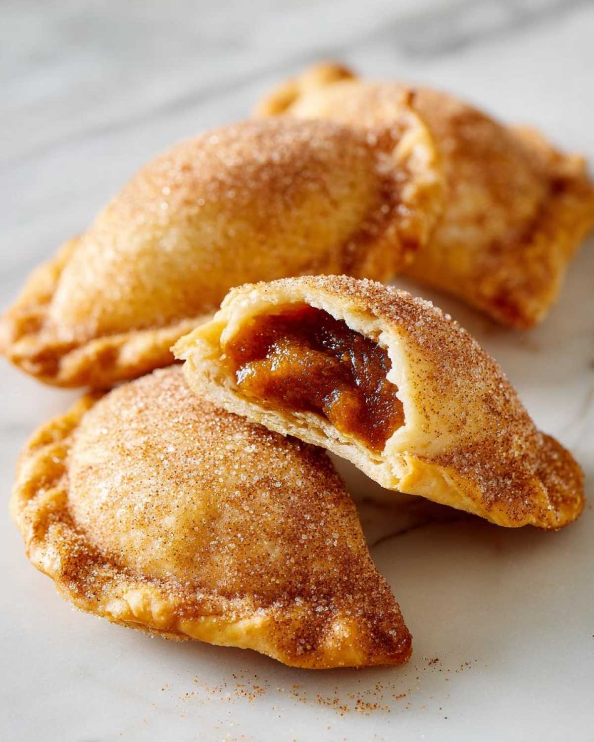 Close-up of delicious pumpkin empanadas dusted with cinnamon sugar, one cut open showing the rich filling.