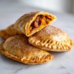 Close-up of three freshly baked pumpkin empanadas dusted with cinnamon sugar, one cut open showing the filling.
